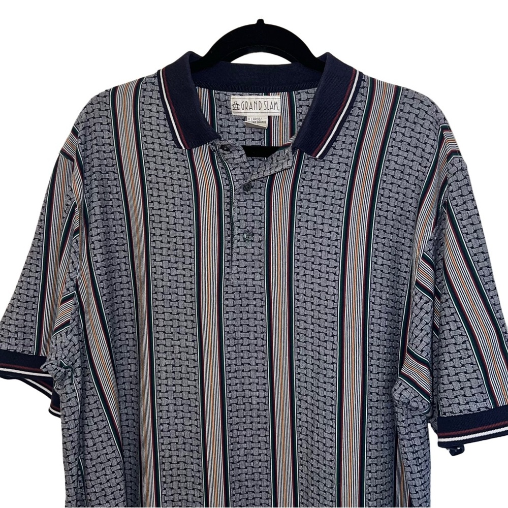 Grand Slam Blue and Gray Polo Golf Shirt with Geometric Stripes Men’s XL